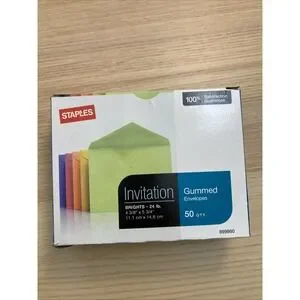 Staples Gummed Invitation Envelopes 5 3/4" x 4 3/8" Brights Open Box of 33