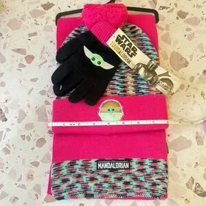 Star Wars Set New Girls The Mandalorian Grogu Baby Yoda Hat Scarf Mittens Pink