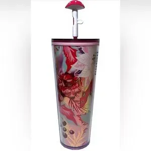Starbucks Mushroom Cap Straw Tumbler Fox Rose Flower Pink Fall Winter 2022 - 24