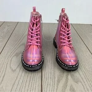 Steve Madden Little Girls JWORDLE Lace-up Combat Moto Boots Pink Metallic $60