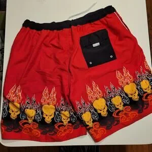 Stig Surf Gear Swim Trunks Red Flaming Skull Lined Streetwear Pockets Size XL