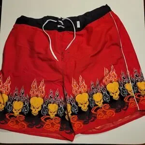 Stig Surf Gear Swim Trunks Red Flaming Skull Lined Streetwear Pockets size XL