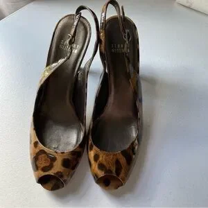 Stuart Weitzman Patent Animal Print Peep Toe Slingback Pump Heels