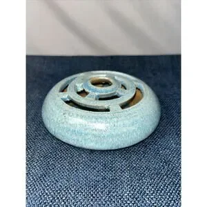 Studio Pottery 4" W 1.25" T 9 Hole Flower Frog Crystalline Glaze Turquoise