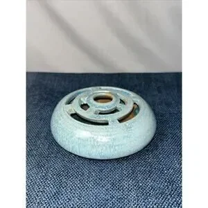 Studio Pottery 4" W 1.25" T 9 Hole Flower Frog Crystalline Glaze Turquoise