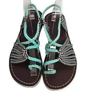 Stylish Bohemian Women's Turquoise And Black Hand Woven Braided Sandals Size 10