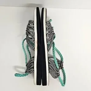 Stylish Bohemian Women's Turquoise And Black Hand Woven Braided Sandals Size 10