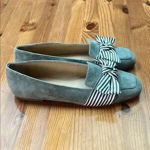 Talbots Green Leather Suede Flats With Stripped Bow 8M