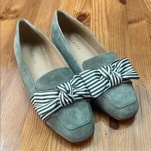 Talbots Green Leather Suede Flats With Stripped Bow 8M