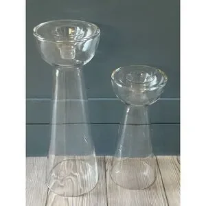 Tall Unbranded 2 Votive /Taper Candle Holders 13 1/5 10” Clear Glass Preowned