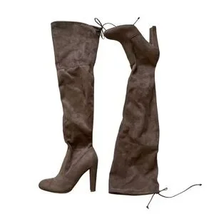 Taupe Suede Brown Over The Knee High Heel Boots Tie Back Stiletto Chic Women’s 6