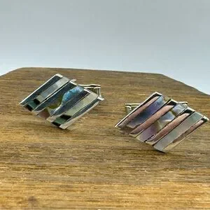 Taxco Mexico vintage Alpaca silver abalone inlay diamond shaped cufflinks