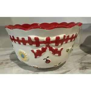 Temp-Tations Gingham Garden Lady Bug Flowers Mixing Bowl 2 Qt RARE HTF