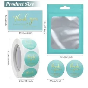Thank You Cards And Stickers Set - Teal And Gold