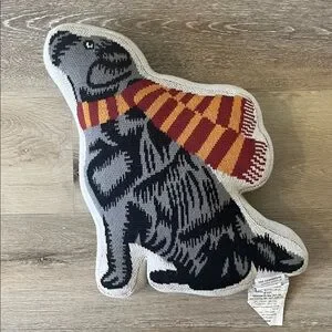 The Farmhouse Cozy Black and Gray Dog Pillow with Striped Scarf. NWOT
