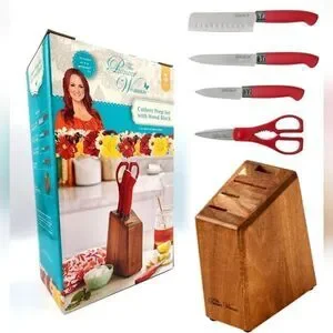 The Pioneer Woman Stainless Steel Knife Wood Block Cutlery Prep Set 5p Retro Red