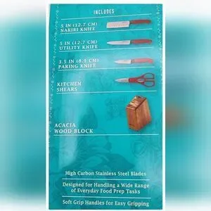 The Pioneer Woman Stainless Steel Knife Wood Block Cutlery Prep Set 5p Retro Red