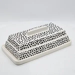 Thyme & Table Ceramic Butter Dish Black Dot Contemporary Stoneware Covered Lid