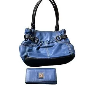 Tignanello Women's Blue Genuine Leather Floral Shoulder Handbag With Wallet Set