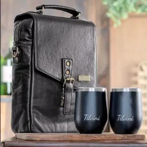 Tilvini Black Genuine Leather Insulated Wine Bag & Tumbler Set NWT