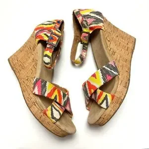 Toms Cork Wedge Abstract Colorful Printed Canvas Sandals Size 8
