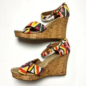 Toms Cork Wedge Abstract Colorful Printed Canvas Sandals Size 8