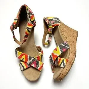 Toms Cork Wedge Abstract Colorful Printed Canvas Sandals Size 8