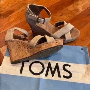TOMS Wedge Sandals Cork Oatmeal Burlap Criss Cross Sienna Platform