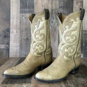 Tony Lama Vintage Bullhide Leather Inlay Cowboy Boots Mens 12 D