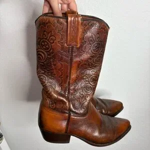 Tooled Vintage Dan Post Cowboy Boots Spanish Made Mens Size 10.5
