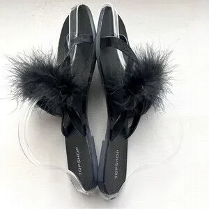 TOPSHOP Black Flip Flop Thong Sandal Slipper Feathers Women EU 40 US 8.5 NWOT