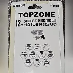 TOPZONE 12ft 24K Gold Deluxe Shielded Stereo Cable 2 RCA To 2 RCA Plugs