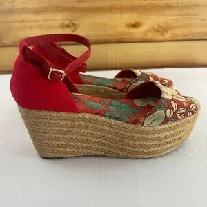 Tory Burch Sherri 9 M Leather Espadrille Wedge Platform Heel Peep Toe Red Floral