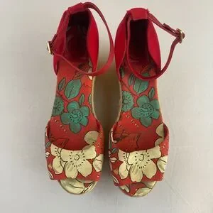 Tory Burch Sherri 9 M Leather Espadrille Wedge Platform Heel Peep Toe Red Floral