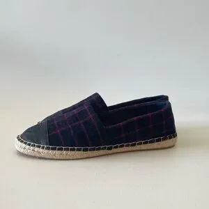 Tory Burch Shoe Espadrille Flat Plaid Check Wool Leather Holiday Blue Red 7.5