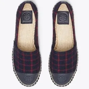 Tory Burch Shoe Espadrille Flat Plaid Check Wool Leather Holiday Blue Red 7.5