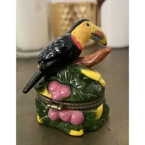 Toucan Tropical Bird Hinged Enameled Porcelain Trinket Box