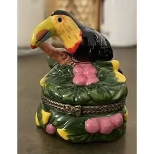 Toucan Tropical Bird Hinged Enameled Porcelain Trinket Box