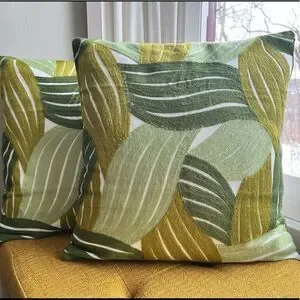 TWO Embroidered Tri Colored Green Botanical Throw Pillow Covers