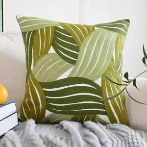 TWO Embroidered Tri Colored Green Botanical Throw Pillow Covers