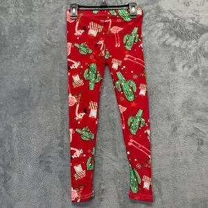 Two Left Feet Girl's Medium 6-8 Holiday Leggings Kids Flamingo Cactus Christmas