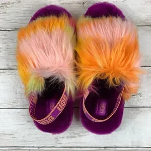 Ugg Fluff Yeah Tie Dye Slides Fluffy Slippers Orange Yellow Purple Logo