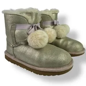 Ugg Gita Metallic Gold Silver Pom Pom Classic Short Shearling Boots Kids 35 / 3