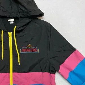 Universal Studios Rain Jacket Mens S Blue Black Pink Color Block Windbreaker
