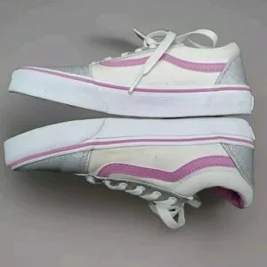 Vans Big Kids' Sz 4 Ward Sneaker Shoes White/Pink & Silver Glitter Feminine VGUC