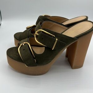 Veronica Beard Olive Green Platform Shoes With Gold Buckles