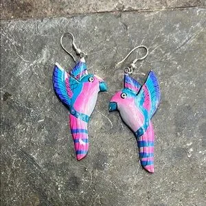 Vibrant Caribbean wood carved painted Parrot Earrings