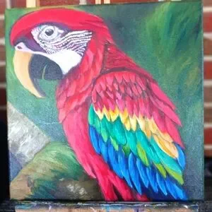 Vibrant Red and Green Macaw Parrot Art. Original Oil Painting. 12x12"