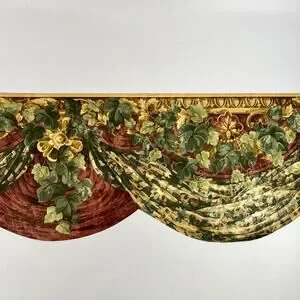 Victorian Gold Ivy Swag Drapery Moulding Burgundy Sculptured Wallpaper Border