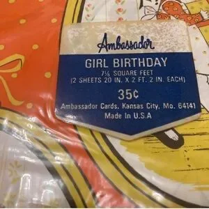 Vintage 1970’s Mod Birthday Wrapping Paper Girl W/ Gifts & Cat Orange & Yellow